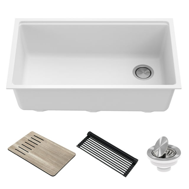 KRAUS Bellucci Workstation 33 inch Undermount Granite Composite Single Bowl Kitchen Sink in White with Accessories