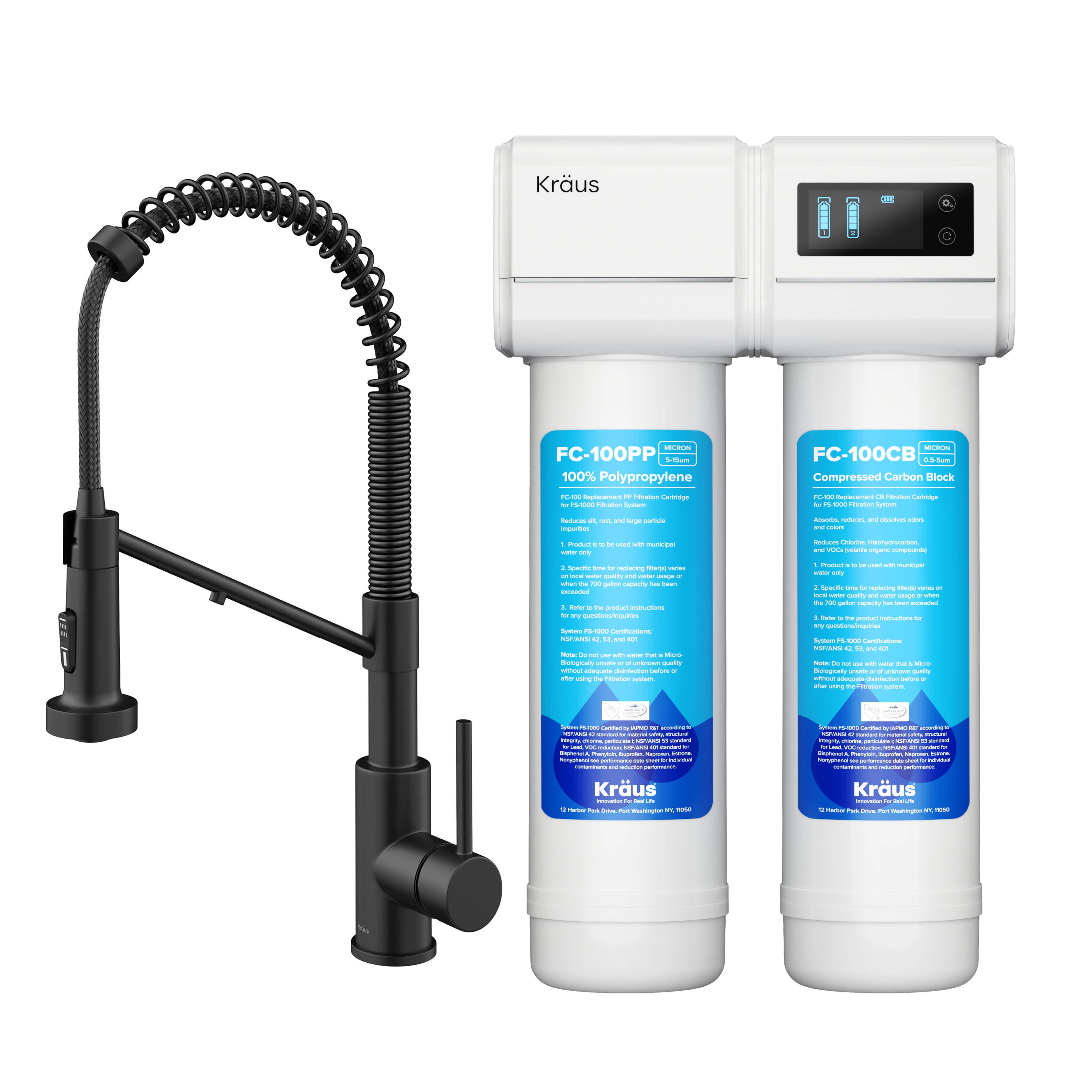 KRAUS Bolden 2-in-1 Commercial Style Pull-Down Single Handle Water Filter Kitchen Faucet in Matte Black with Purita 2-Stage Under-Sink Filtration System