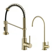 KRAUS Bolden Commercial Style Pull-Down Kitchen Faucet and Purita Water Filter Faucet Combo in Brushed Gold