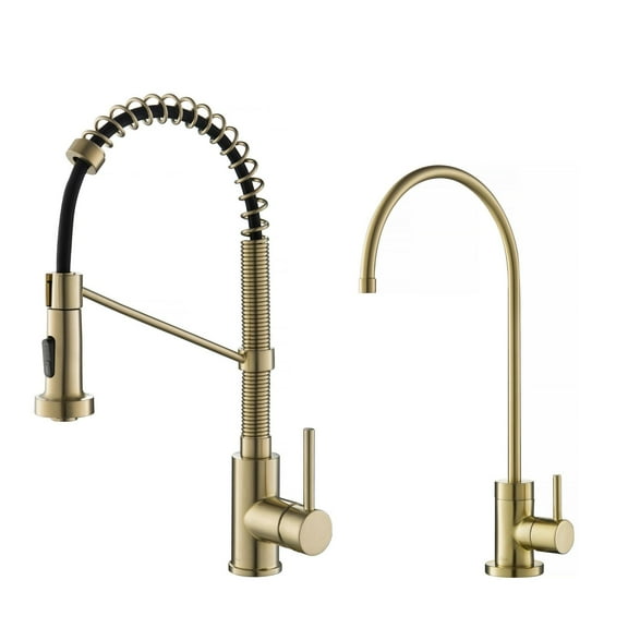 KRAUS Bolden Commercial Style Pull-Down Kitchen Faucet and Purita Water Filter Faucet Combo in Spot Free Antique Champagne Bronze Finish