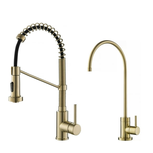 KRAUS Bolden Commercial Style Pull-Down Kitchen Faucet and Purita Water Filter Faucet Combo in Spot Free Antique Champagne Bronze Finish