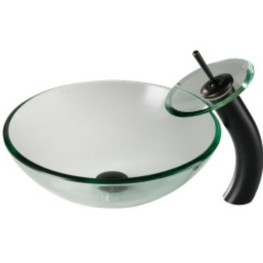 KRAUS Clear Glass Bathroom Vessel Sink and Waterfall Faucet Combo Set with Matching Disk and Pop-Up Drain, Oil Rubbed Bronze Finish