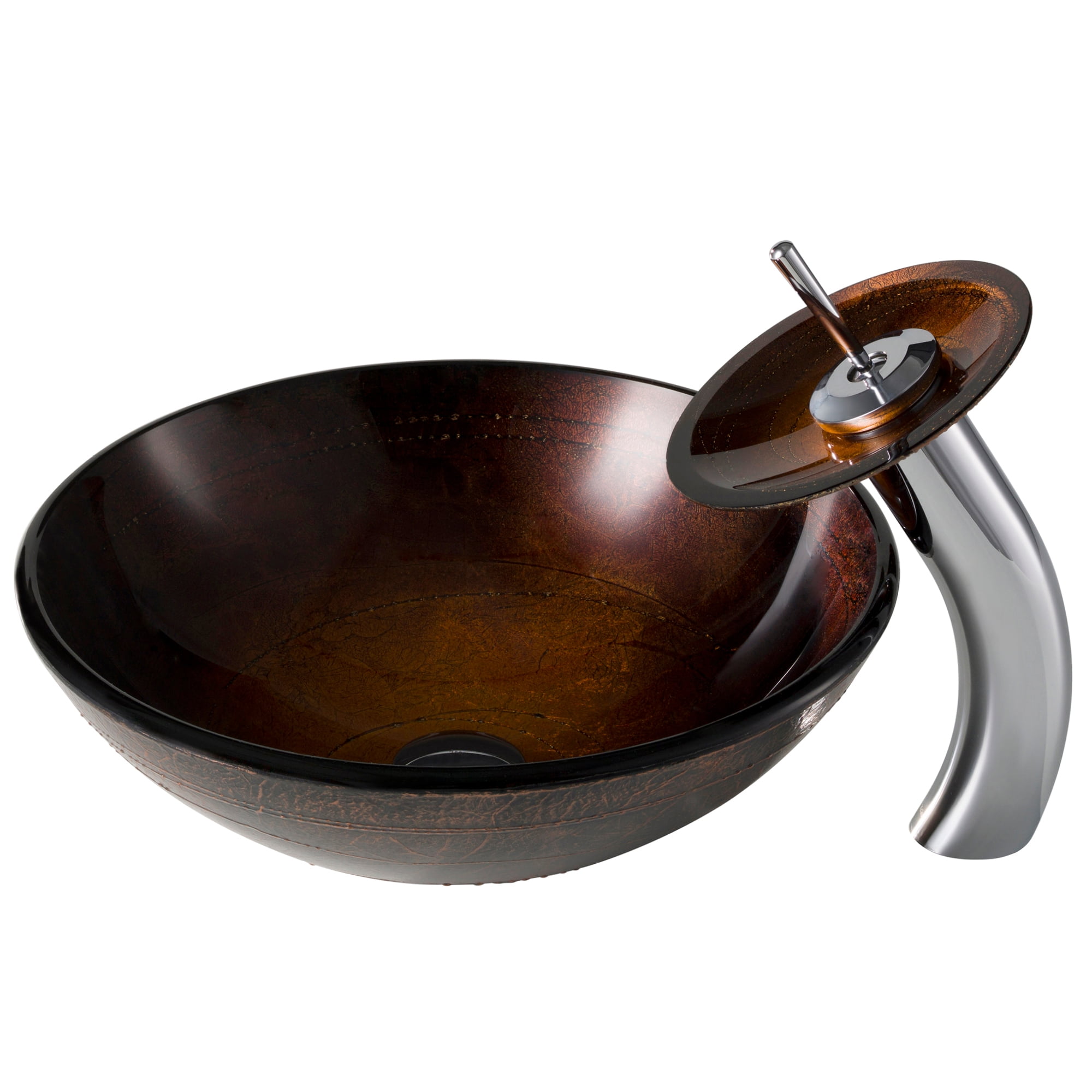 Copper Brown Glass Vessel Sink with Chrome Waterfall Faucet