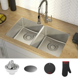 KRAUS 33 x 22 inch Pax Drop-In Topmount 16 Gauge Zero-Radius Double Bowl 2-Hole Stainless Steel Kitchen Sink KRAUS 33 x 22 inch Pax Drop-In Topmount 16 Gauge Zero-Radius Double Bowl 2-Hole Stainless Steel Kitchen Sink