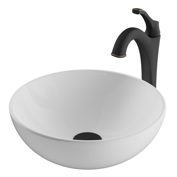 KRAUS Elavo 14-inch Round White Porcelain Ceramic Bathroom Vessel Sink and Arlo Faucet Combo Set with Pop-Up Drain, Oil Rubbed Bronze Finish