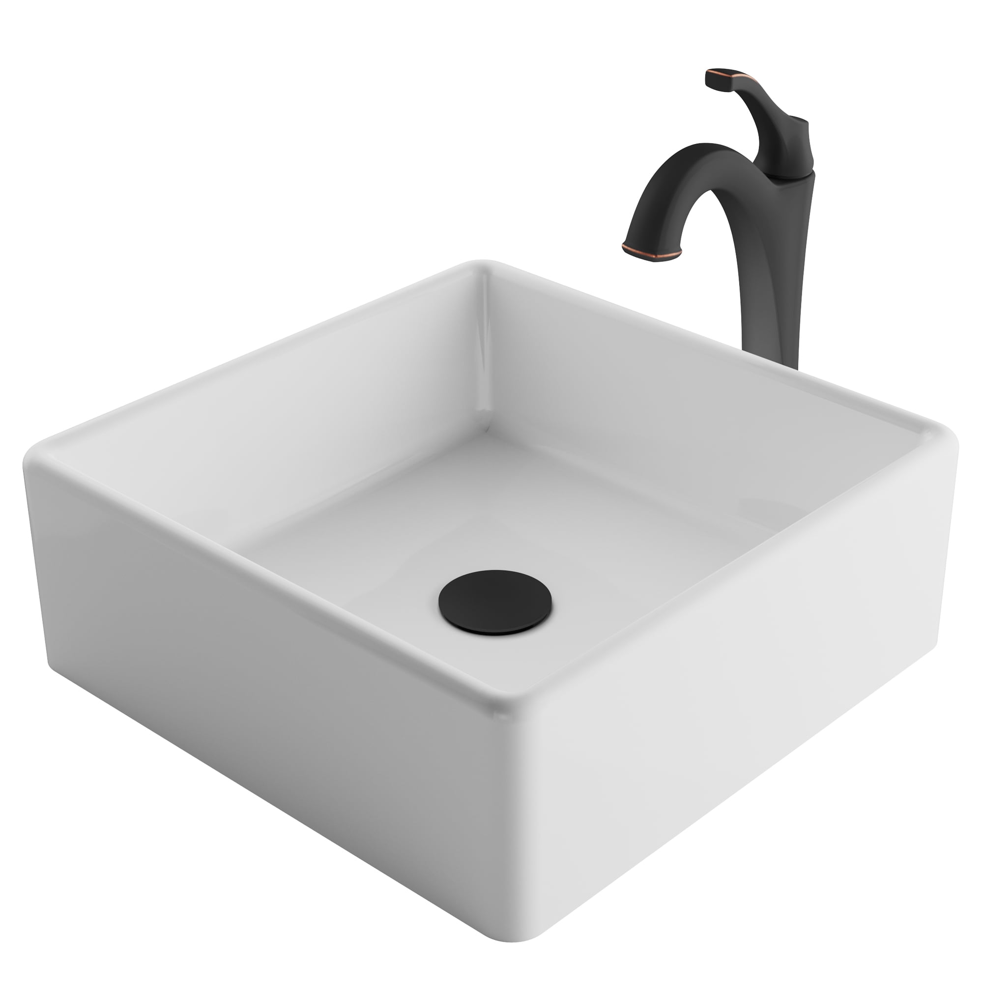 KRAUS Elavo 15-inch Square White Porcelain Ceramic Bathroom Vessel Sink and Arlo Faucet Combo Set with Pop-Up Drain, Oil Rubbed Bronze Finish