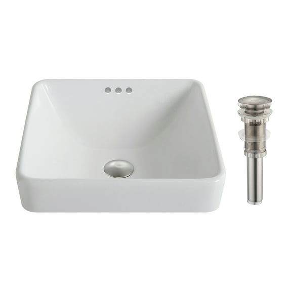 KRAUS Elavo™ Series Square Ceramic Semi-Recessed Bathroom Sink in White with Overflow and Pop-Up Drain in Brushed Nickel