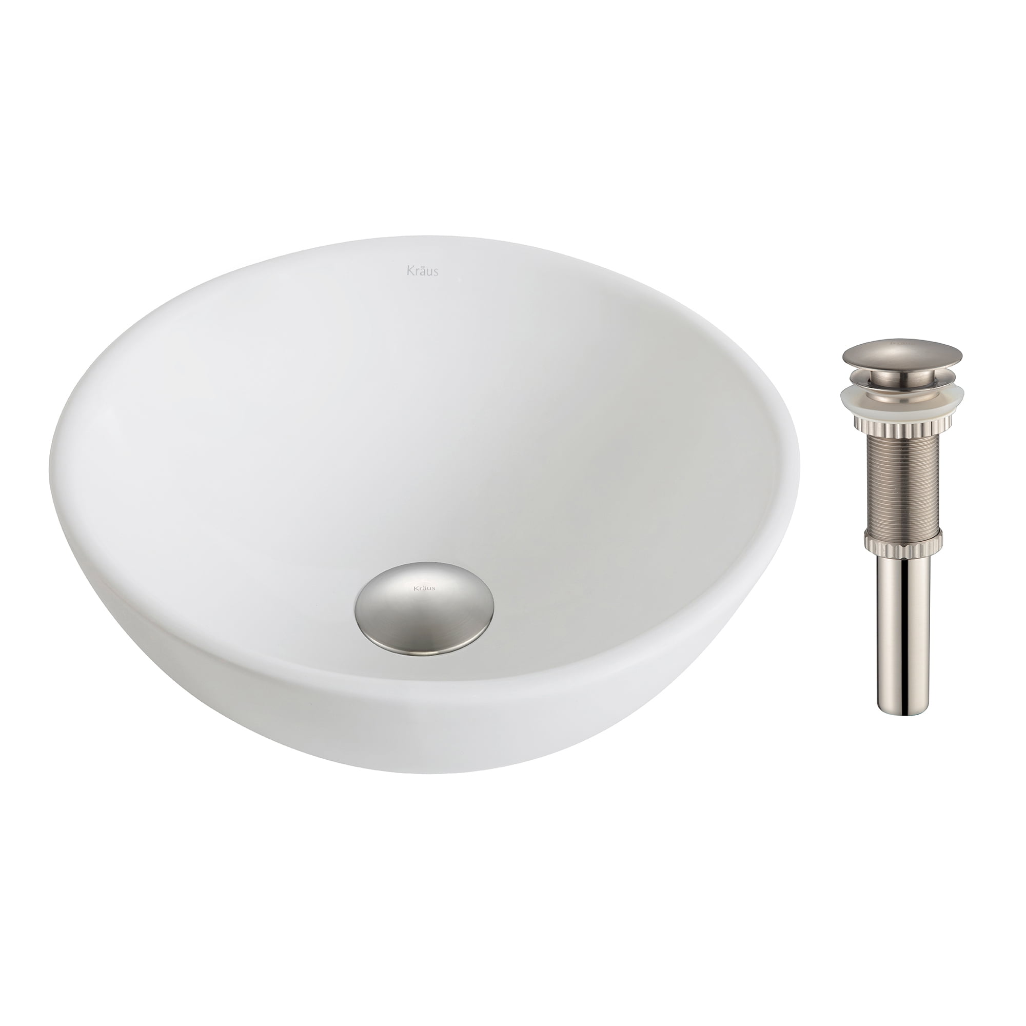Elavo White Ceramic Round Vessel Sink with Brushed Nickel Drain