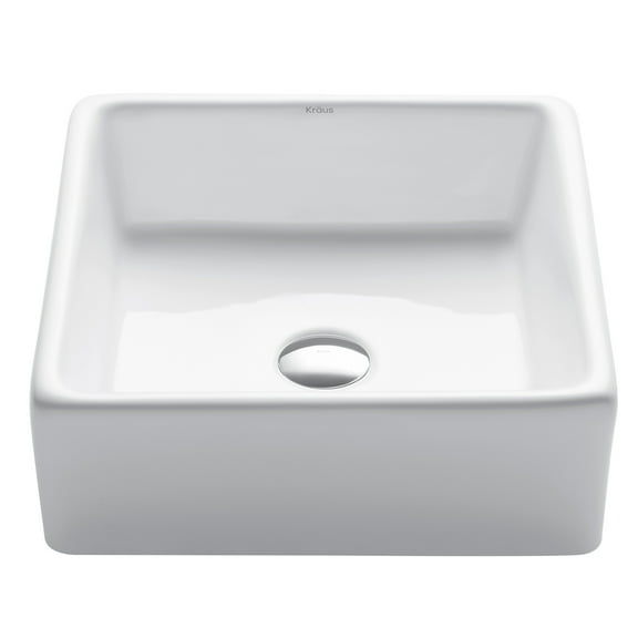 KRAUS Elavo Square Vessel White Porcelain Ceramic Bathroom Sink, 15 inch