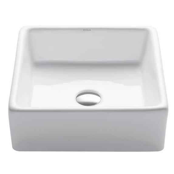 KRAUS Elavo Square Vessel White Porcelain Ceramic Bathroom Sink, 15 inch