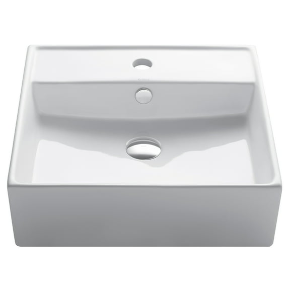 KRAUS Elavo Square Vessel White Porcelain Ceramic Bathroom Sink with Overflow, 18 1/2