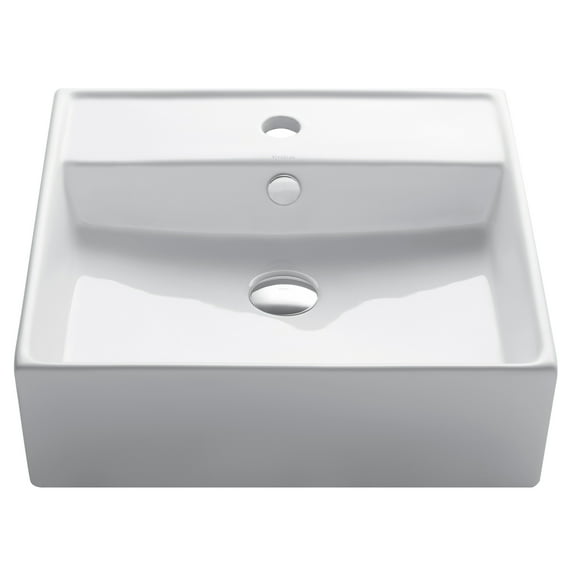 KRAUS Elavo Square Vessel White Porcelain Ceramic Bathroom Sink with Overflow, 18 1/2