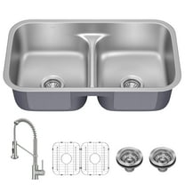 Kraus Premier 32 in Undermount 50/50 Double Bowl 18-Gauge Stainless Steel Kitchen Sink and Commercial Style Pull Down Faucet in Spot-Free Stainless Steel