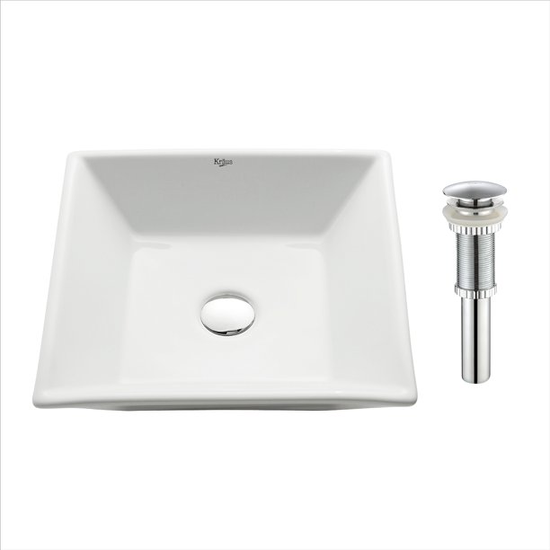 KRAUS Flat Square Ceramic Vessel Bathroom Sink in White with PopUp