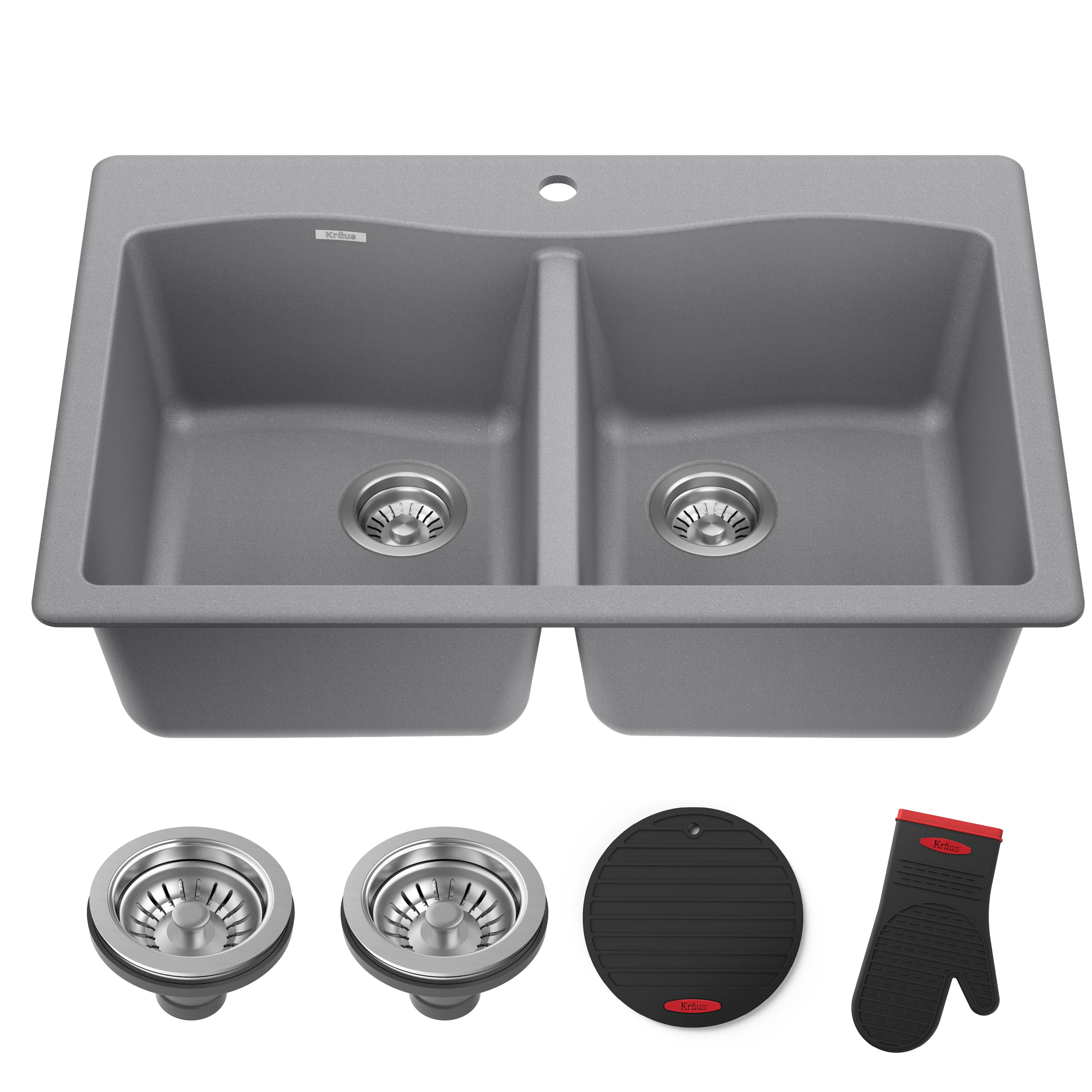 Gray Granite Dual Bowl Drop-In Kitchen Sink with Accessories