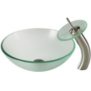 KRAUS Frosted Glass Bathroom Vessel Sink and Waterfall Faucet Combo Set with Matching Disk and Pop-Up Drain, Satin Nickel Finish