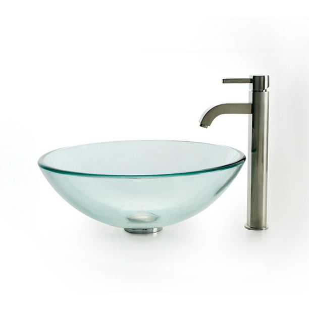 KRAUS Glass Vessel Sink with Ramus Faucet in Satin Nickel