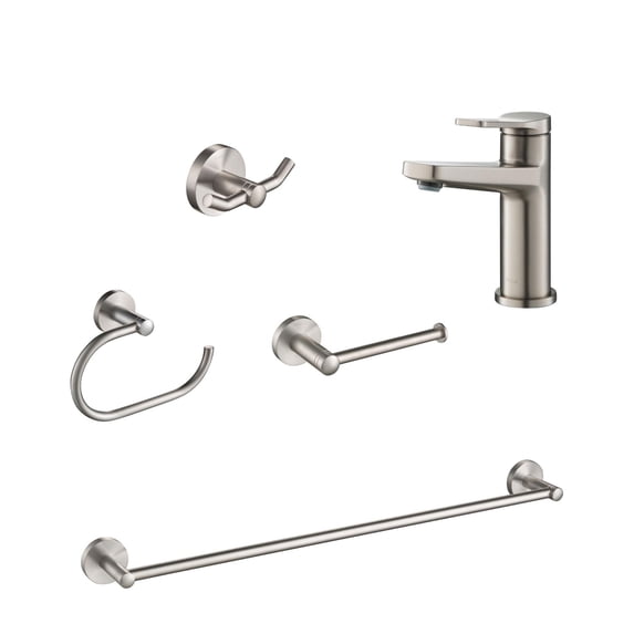 KRAUS Indy Single Handle Bathroom Faucet in Spot-Free Stainless Steel with matching 24-inch Towel Bar, Paper Holder, Towel Ring and Robe Hook