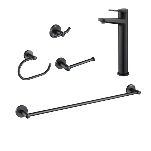 KRAUS Indy Single Handle Vessel Bathroom Faucet with 24-inch Towel Bar, Paper Holder, Towel Ring and Robe Hook in Matte Black