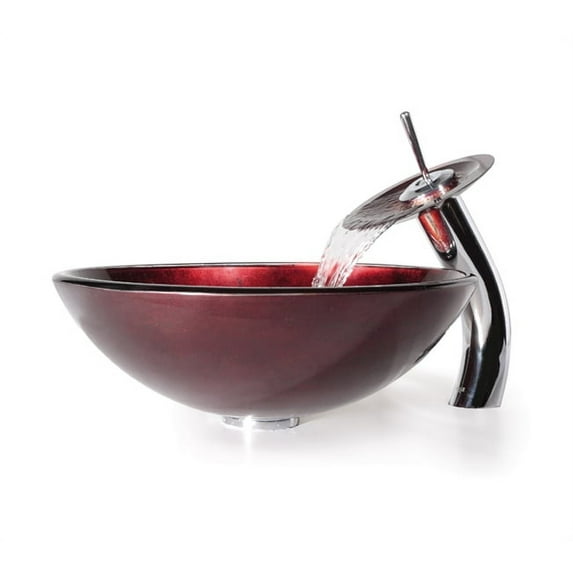 KRAUS Irruption Glass Vessel Sink in Red with Single Hole Single-Handle Waterfall Faucet in Chrome