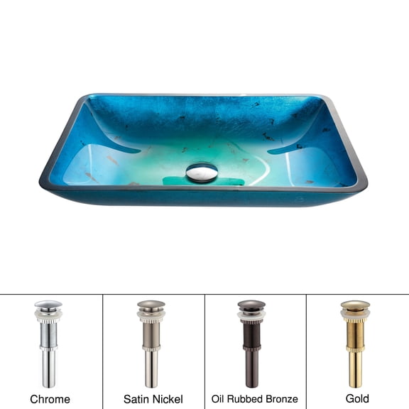 KRAUS Irruption Rectangular Glass Vessel Sink in Blue with Pop-Up Drain in Satin Nickel