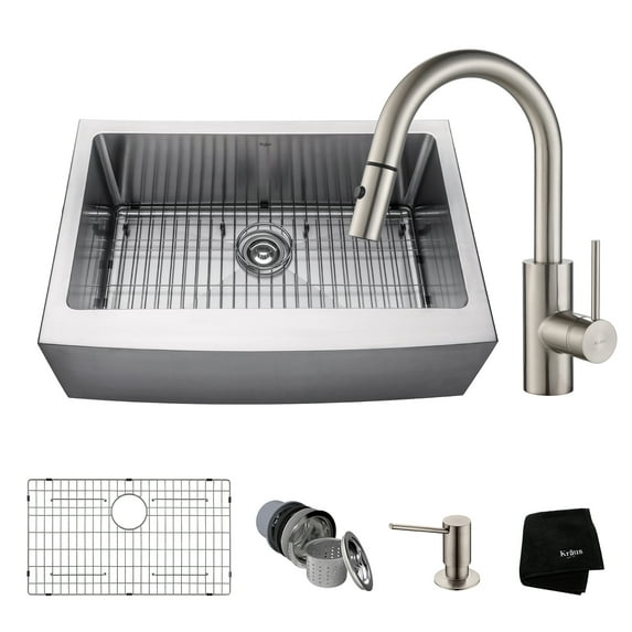 KRAUS Kitchen Combo with 30 Inch Single Bowl 16 Gauge Stainless Steel Kitchen Farmhouse Sink and Oletto™ Single Handle Pull Down Kitchen Faucet with Soap Dispenser in Stainless Steel