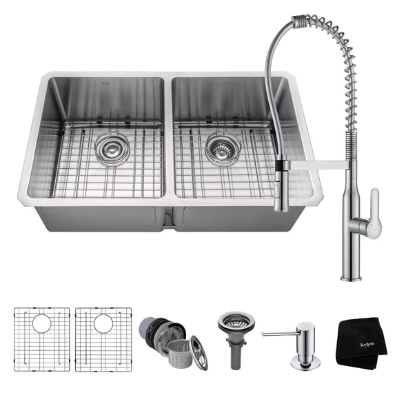 KRAUS Kitchen Combo with 33 Inch Undermount 50/50 Double Bowl 16 Gauge Stainless Steel Kitchen Sink and Nola™ Commercial Kitchen Faucet with Soap Dispenser in Chrome