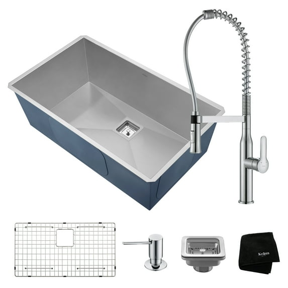 KRAUS Kitchen Combo with Pax? Undermount Stainless Steel 31 in. Single Bowl 16 Gauge Sink and Nola? Commercial Kitchen Faucet with Soap Dispenser in Chrome