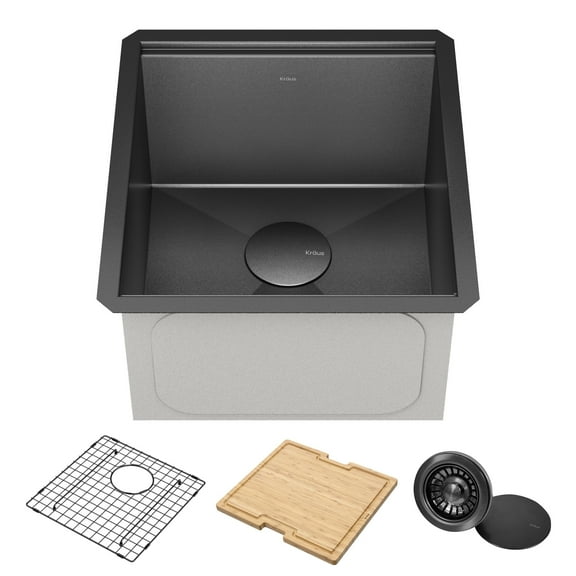 KRAUS Kore 17 Undermount Workstation 16 Gauge Black Stainless Steel Single Bowl Kitchen Bar Sink in PVD Gunmetal Finish with Accessories