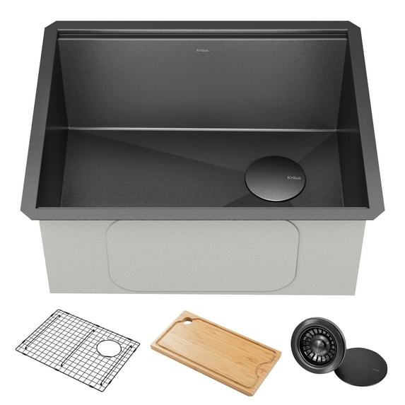 KRAUS Kore 23 Undermount Workstation 16 Gauge Black Stainless Steel Single Bowl Kitchen Sink in PVD Gunmetal Finish with Accessories