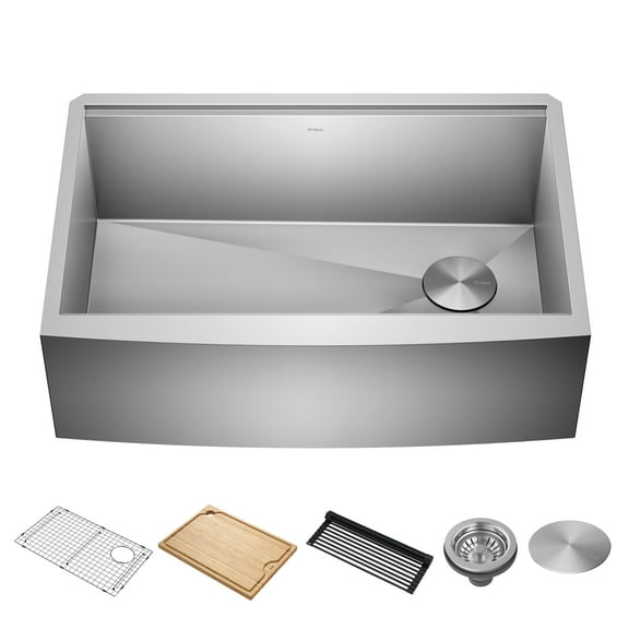 KRAUS Kore 30" Farmhouse Workstation 16 Gauge Single Bowl Stainless Steel Kitchen Sink with Accessories