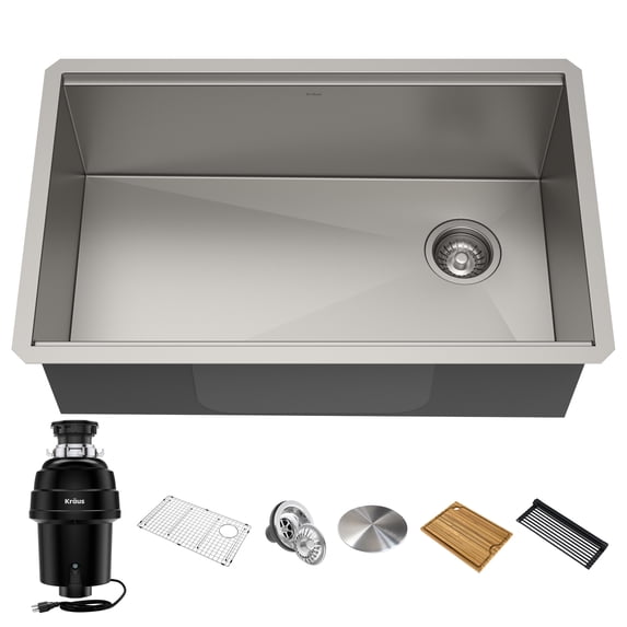 KRAUS Kore Workstation 30-inch Undermount 16 Gauge Single Bowl Stainless Steel Kitchen Sink with WasteGuard 1 HP Continuous Feed Garbage Disposal