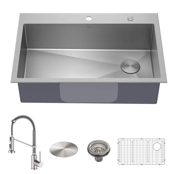 KRAUS Loften 33 in. Drop In/Undermount Single Bowl 18-Gauge Stainless Steel Kitchen Sink with Pull Down Faucet