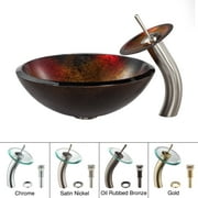 KRAUS Mercury Glass Vessel Sink in Red/Gold with Waterfall Faucet in Satin Nickel