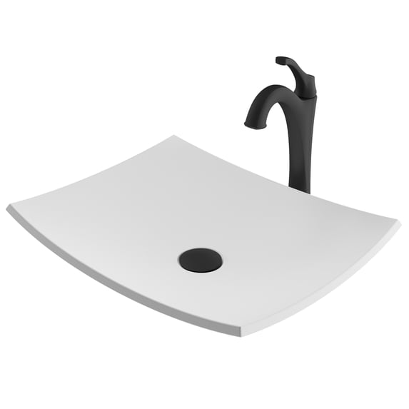 KRAUS Natura™ 19 3/5-inch White Matte Solid Surface Rectangular Bathroom Vessel Sink and Matte Black Arlo™ Faucet Combo Set with Pop-Up Drain