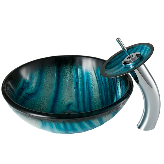 KRAUS Nature Series Blue Glass Bathroom Vessel Sink and Waterfall Faucet Combo Set with Matching Disk and Pop-Up Drain, Chrome Finish