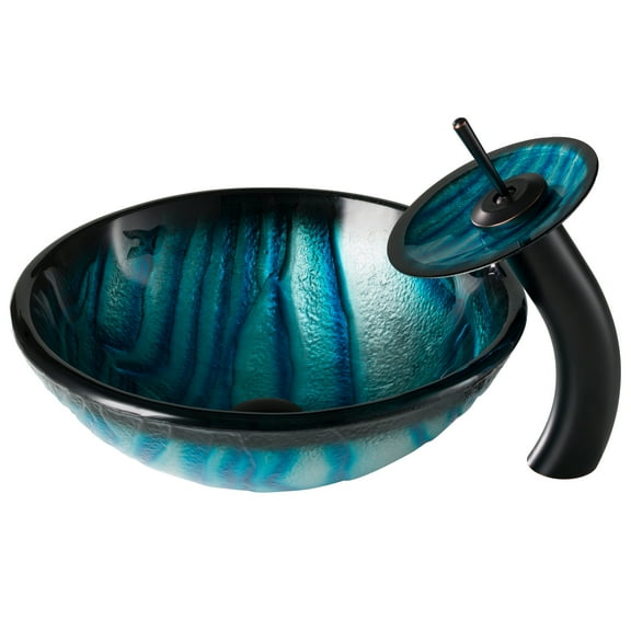 KRAUS Nature Series Blue Glass Bathroom Vessel Sink and Waterfall Faucet Combo Set with Matching Disk and Pop-Up Drain, Oil Rubbed Bronze Finish