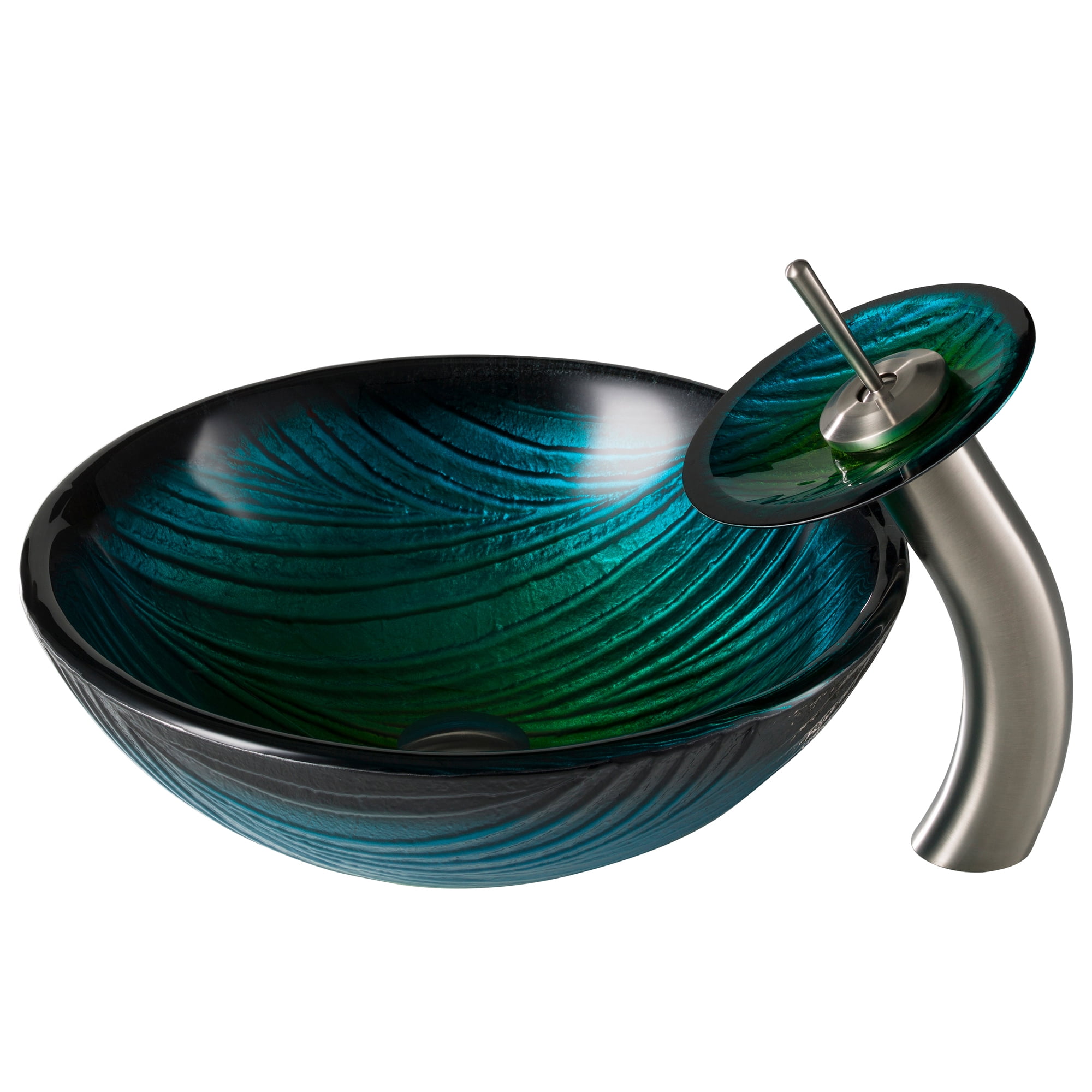 KRAUS Nature Series Green Glass Bathroom Vessel Sink and Waterfall Faucet Combo Set with Matching Disk and Pop-Up Drain, Satin Nickel Finish