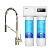 KRAUS Oletto 2-in-1 Commercial Style Pull-Down Single Handle Water Filter Kitchen Faucet in Spot-Free Antique Champagne Bronze with Purita 2-Stage Under-Sink Filtration System