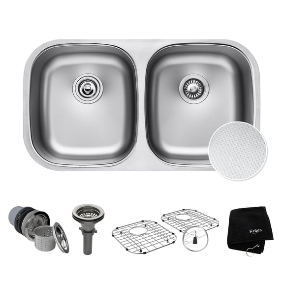 KRAUS Outlast MicroShield™ Scratch-Resist Stainless Steel Undermount 50/50 Double Bowl Sink, 32" 16 Gauge, Premier Series