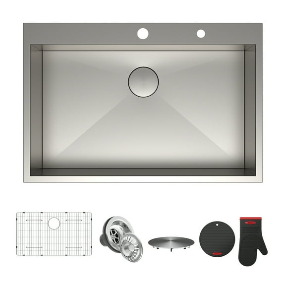 KRAUS Pax™ Zero-Radius 33” Single Bowl Stainless Steel Drop-In Kitchen Sink with 2 Pre-Drilled Holes