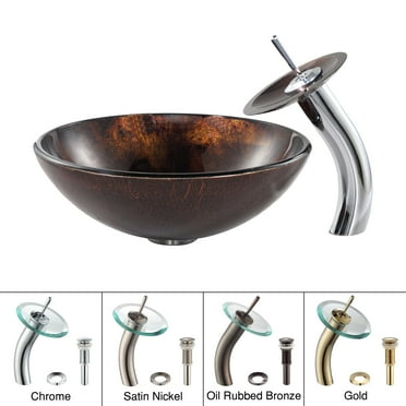 KRAUS Pluto Glass Vessel Sink in Brown with Waterfall Faucet in Chrome