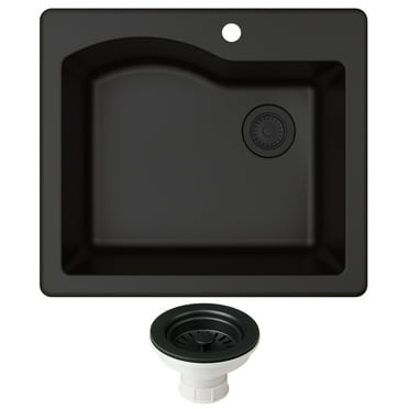 KRAUS Quarza 25 inch Dual Mount Single Bowl Granite Kitchen Sink and Strainer in Black