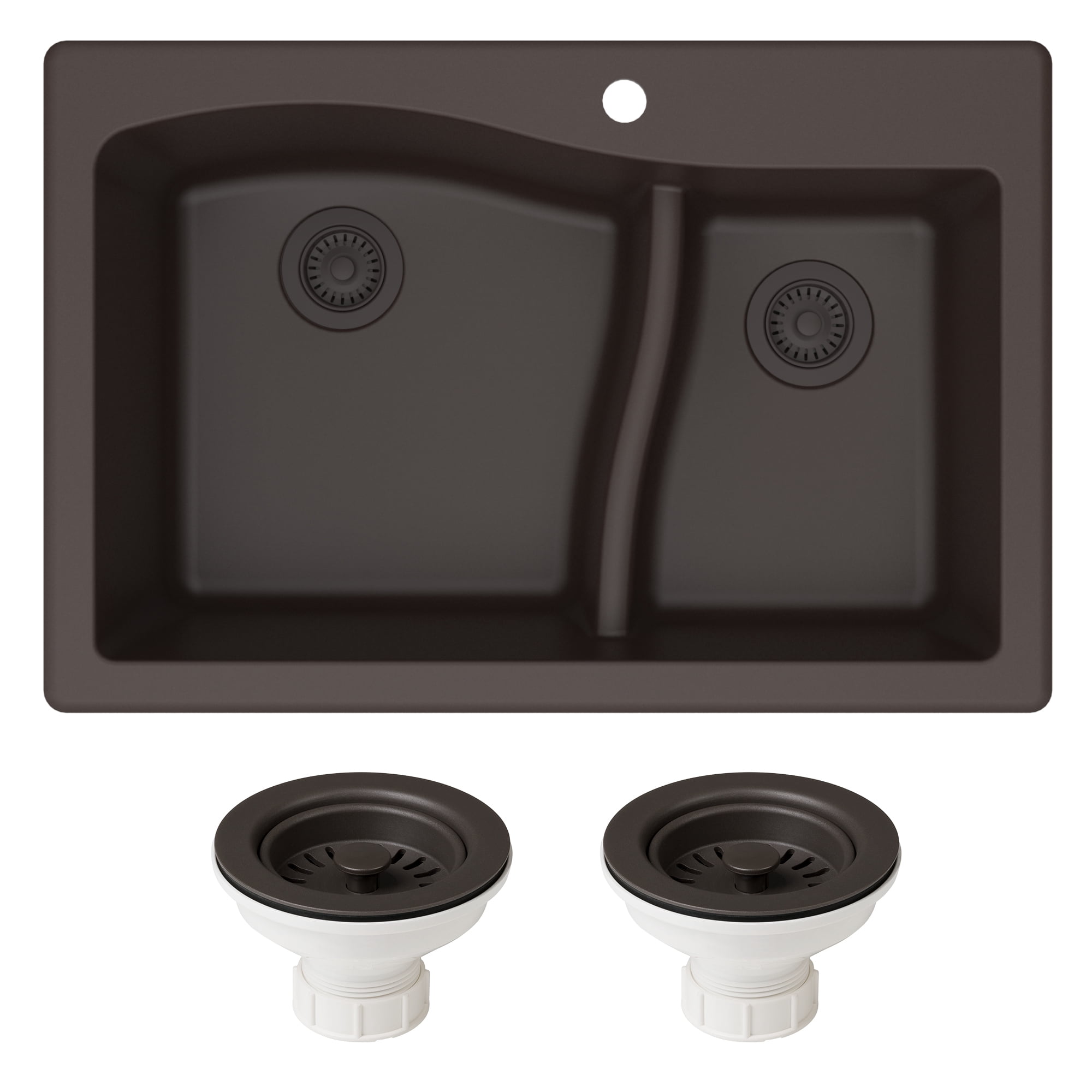 KRAUS Quarza 33 inch Dual Mount 60/40 Double Bowl Granite Kitchen Sink and Strainers in Brown