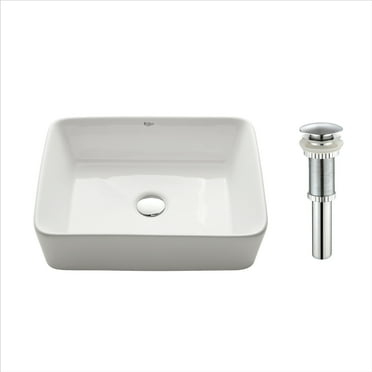 KRAUS Rectangular Ceramic Vessel Bathroom Sink in White with Pop-Up Drain in Chrome