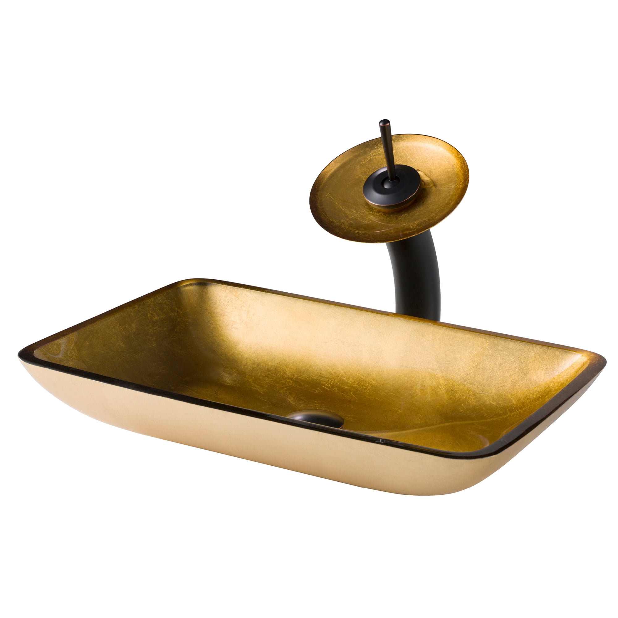 KRAUS Rectangular Gold Glass Bathroom Vessel Sink and Waterfall Faucet