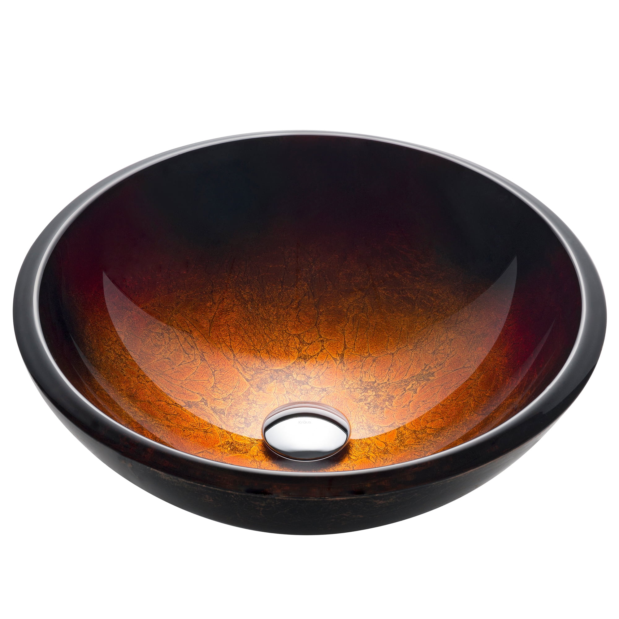Red and Gold Glass Circular Vessel Bathroom Sink, 17 inch