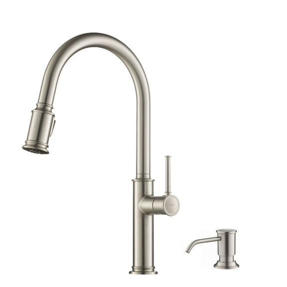 KRAUS Sellette™ Single Handle Pull Down Kitchen Faucet with Deck Plate and Soap Dispenser in all-Brite™ Spot Free Stainless Steel Finish
