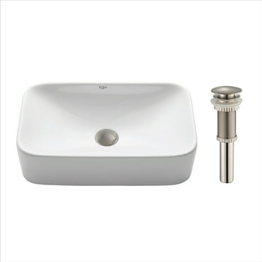 KRAUS Soft Rectangular Ceramic Vessel Bathroom Sink in White with Pop-Up Drain in Satin Nickel