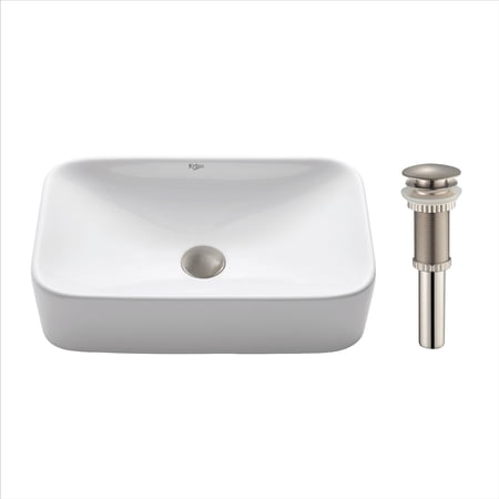 KRAUS Soft Rectangular Ceramic Vessel Bathroom Sink in White with Pop-Up Drain in Satin Nickel